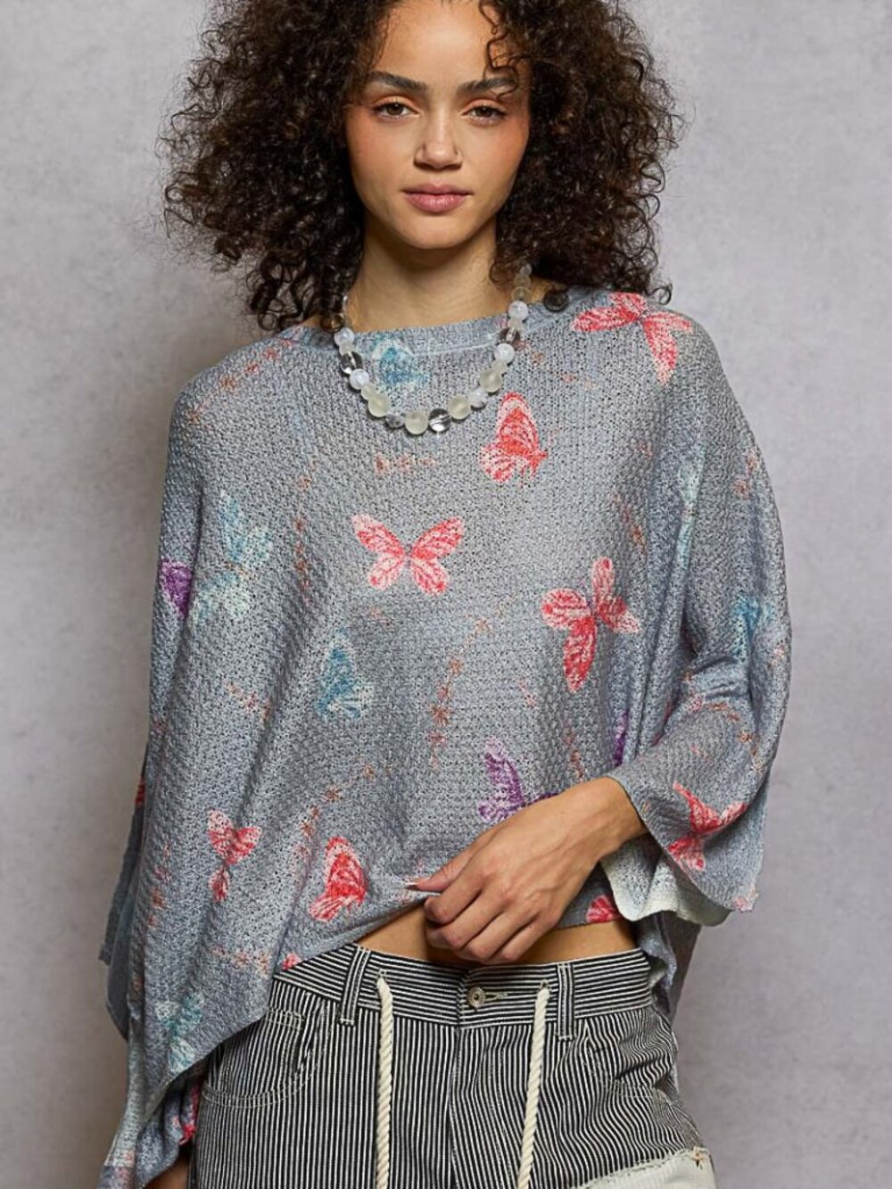 POL half sleeve relaxed fit thin sweater top in acrylic with butterflies' print